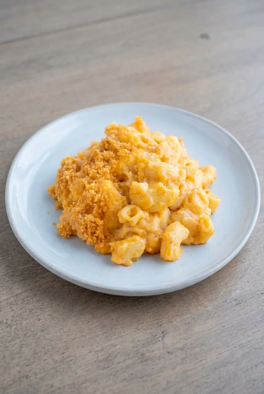 Full plate of baked vegan mac and cheese on a simple tabletop