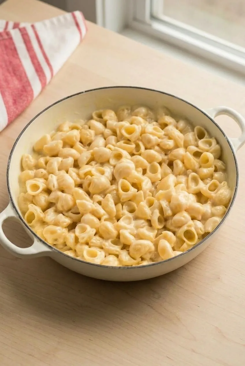 Full pot of creamy, untopped Panera-style mac and cheese on a pale tabletop
