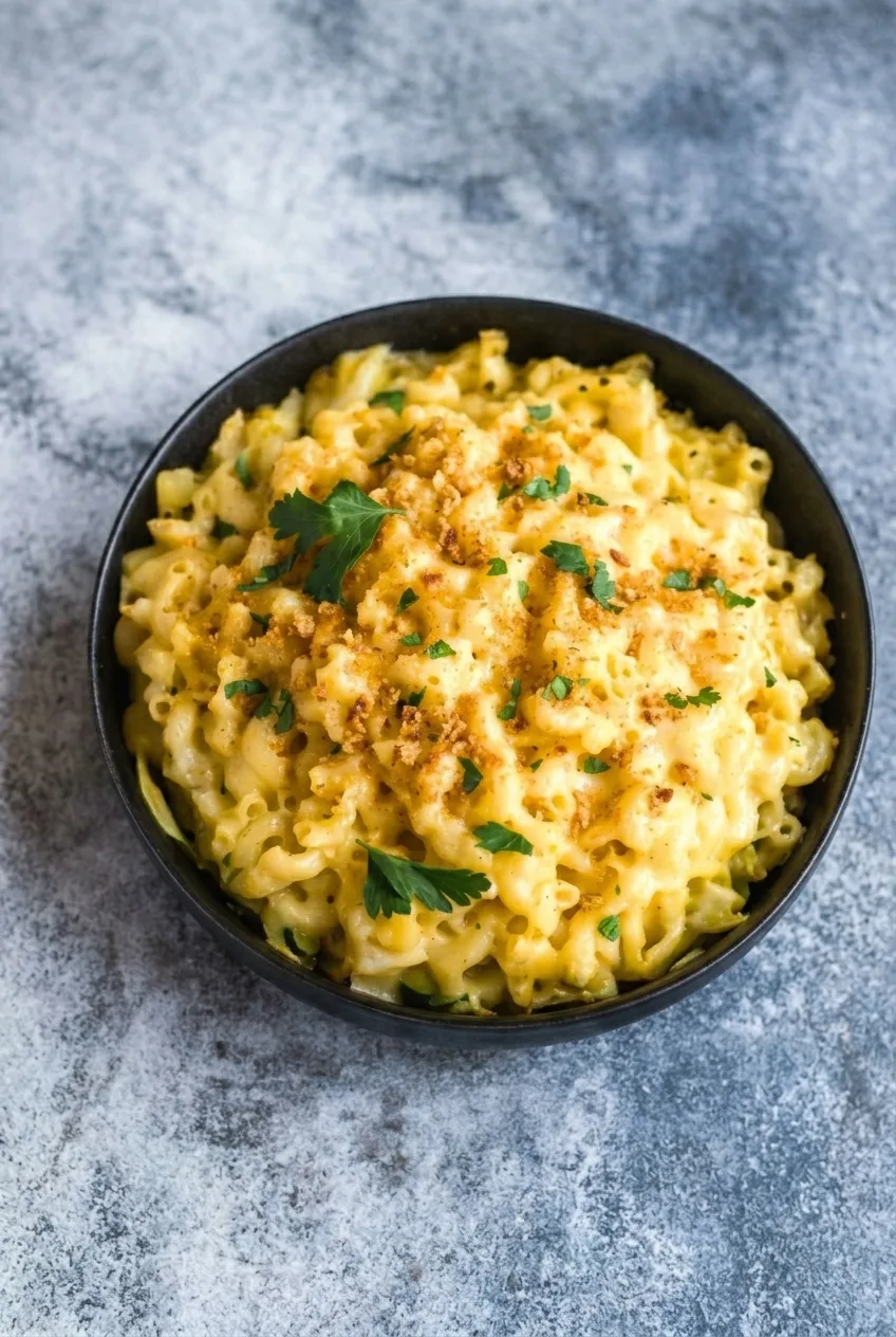 Complete round dish of creamy mac and cheese on a gray surface, seen from a wider serving view