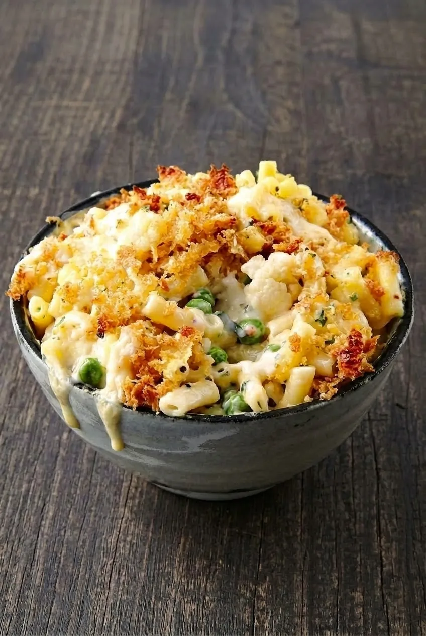 Full dark bowl of cauliflower mac and cheese on a wooden table, with its golden topping visible