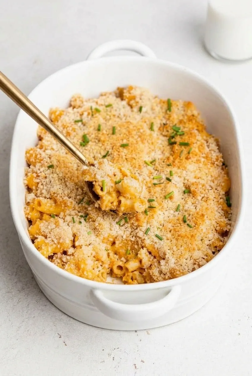 Complete white casserole of gluten-free mac and cheese with golden panko and chives on a pale countertop