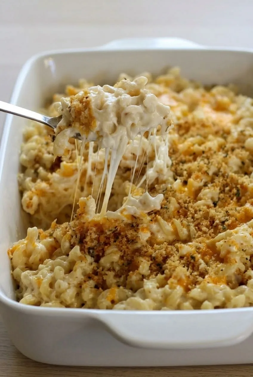 Full white casserole of Million Dollar Mac and Cheese with golden crumb patches and a lifted spoonful