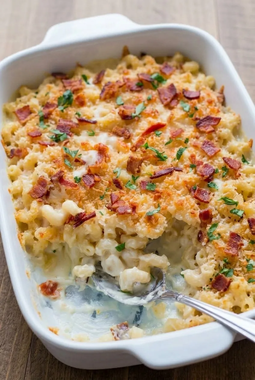 Full baking dish of five cheese mac and cheese topped with golden crumbs, bacon, and parsley
