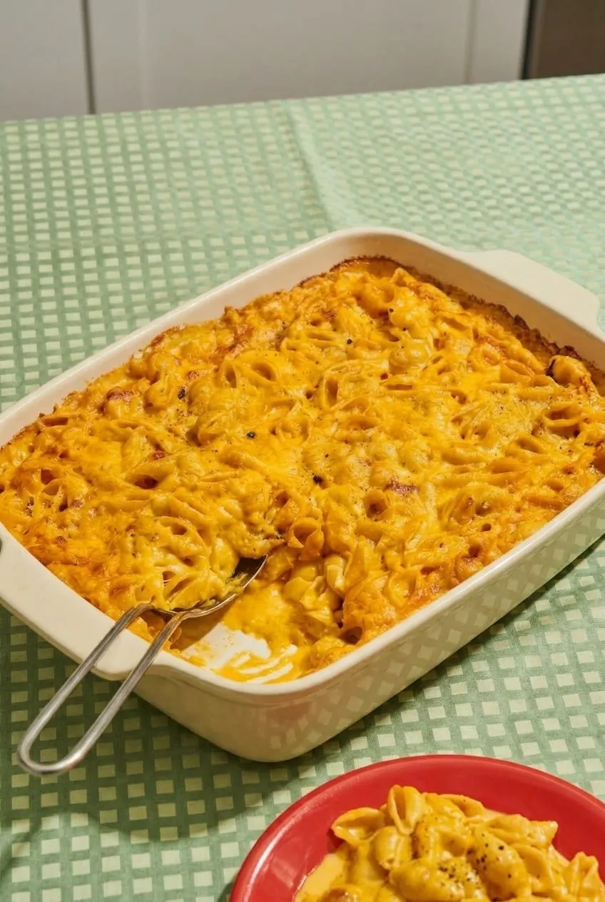 Wide view of baked no-roux mac and cheese in its rectangular dish, with a scooped serving nearby