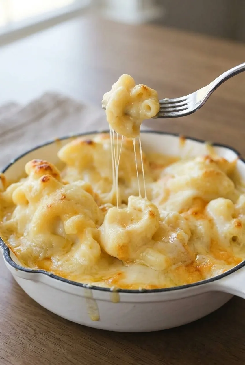 Full shallow dish of creamy Gouda mac and cheese with a lightly browned cheese top