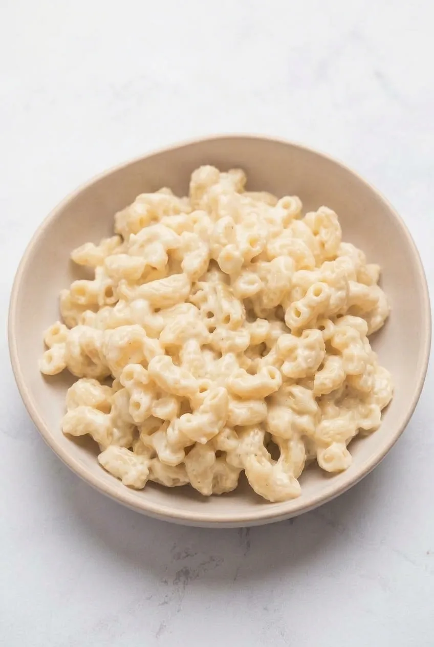 Complete bowl of white cheddar mac and cheese on a pale neutral surface