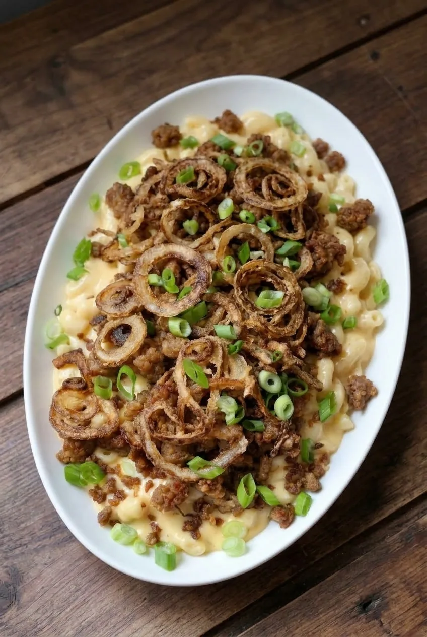 Full white dish of sausage-topped Italian mac and cheese with fried onion rings on a wood table