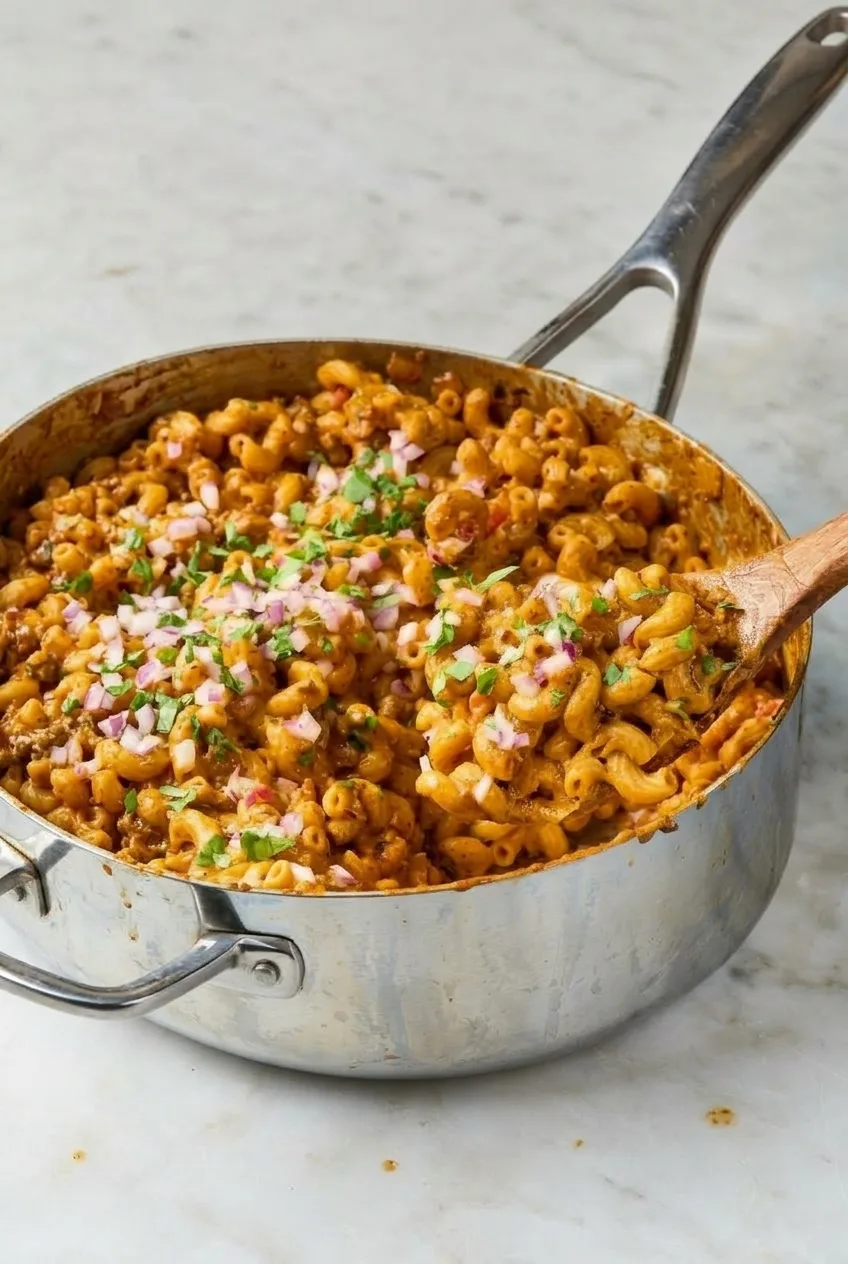 Full pot of garnished taco mac and cheese on a pale kitchen surface