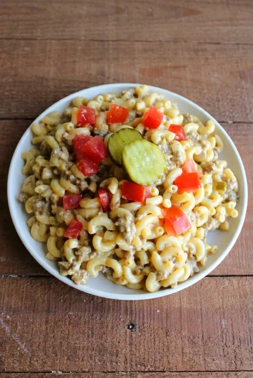 Full plate of cheeseburger mac and cheese on a wooden table, topped with tomato and pickle chips