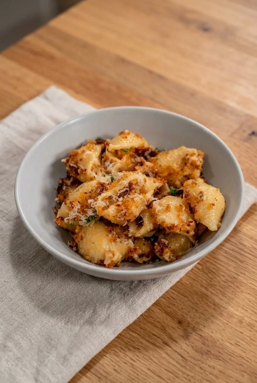 Complete bowl of creamy shell mac and cheese on a warm wood table with a pale cloth