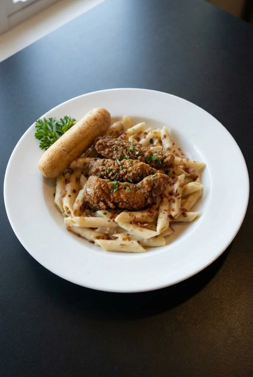 Wide view of a complete bowl of honey pepper chicken mac and cheese with a breadstick