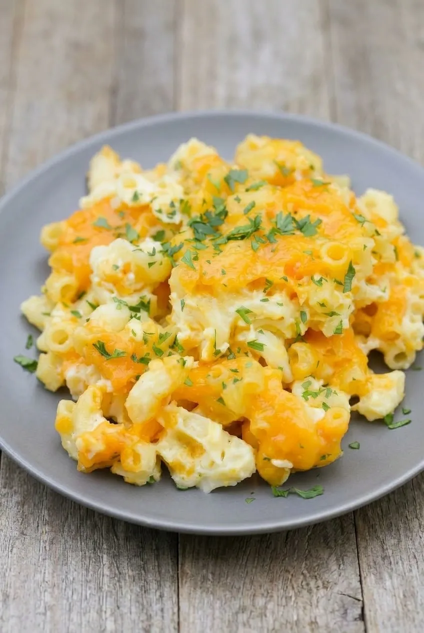 Full gray plate holding a generous scoop of cheddar-topped slow-cooker mac and cheese