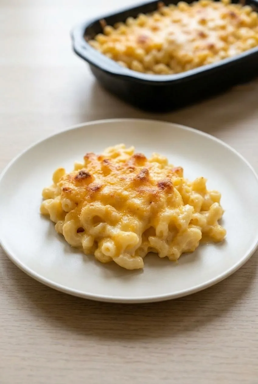 Full plate of scooped baked mac and cheese with the casserole softly visible behind it
