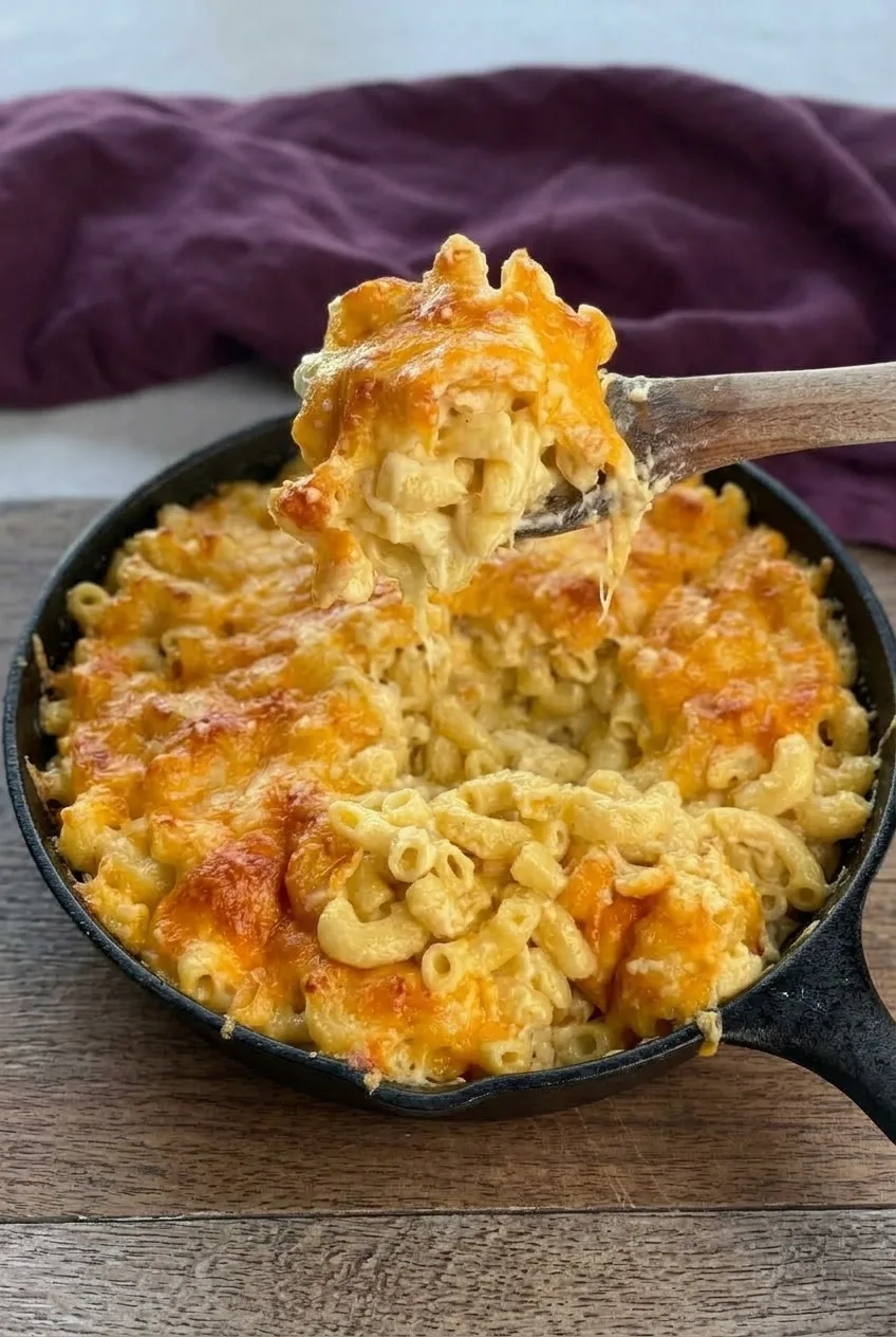 Full black skillet of golden baked mac and cheese with a generous scoop lifted for serving
