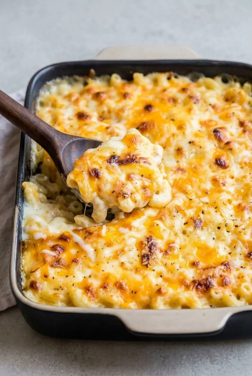 Nearly full baking dish of creamy mac and cheese casserole with a spoonful lifted