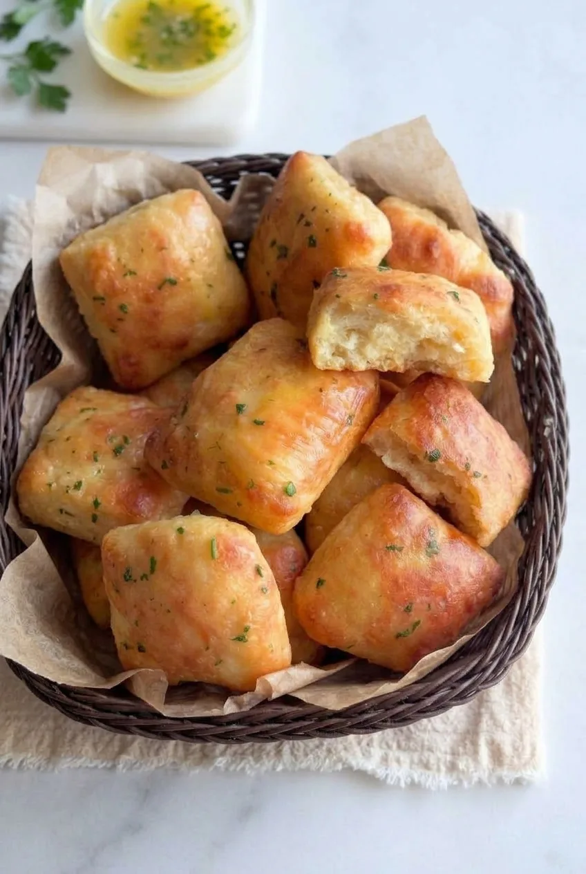 Wider view of a basket of golden garlic butter rolls, including an opened roll, on a light surface