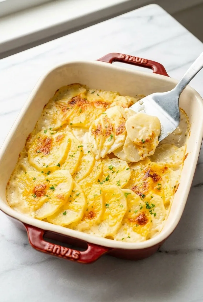 Full baking dish of cheesy scalloped potatoes with parsley and a soft serving lifted on a spatula