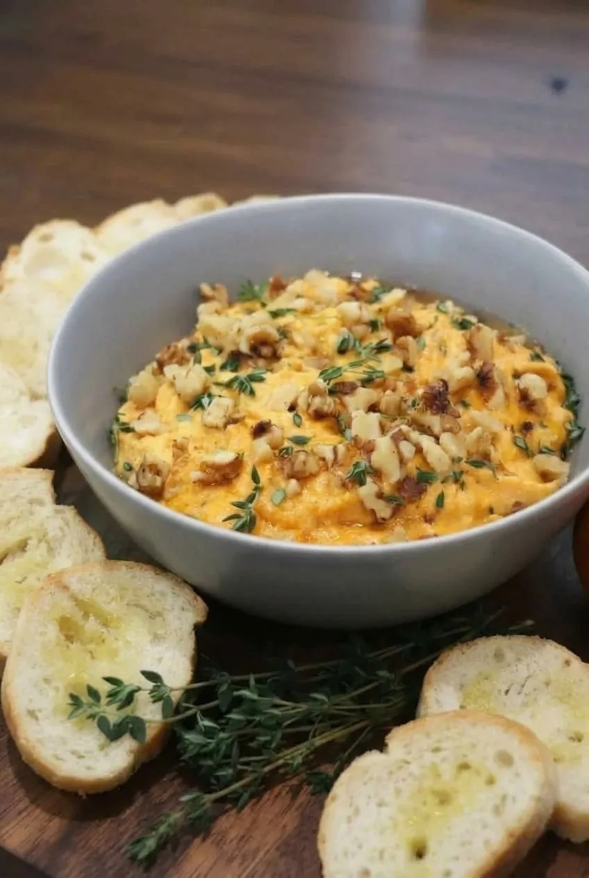 Wide tabletop view of a bowl of pumpkin whipped feta dip with walnuts, thyme, and sliced baguette