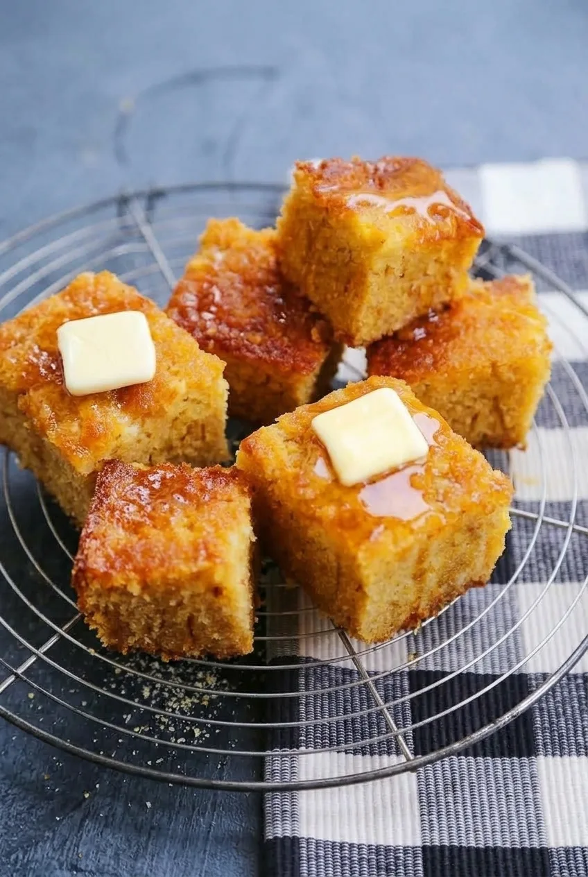 Wider view of honey butter cornbread squares with butter pats arranged on a wire cooling rack