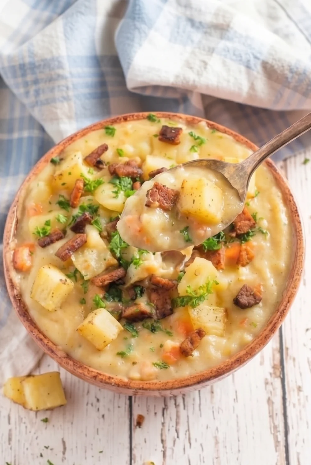 A full bowl of chunky vegan creamy potato soup with vegan bacon and parsley on a rustic tabletop