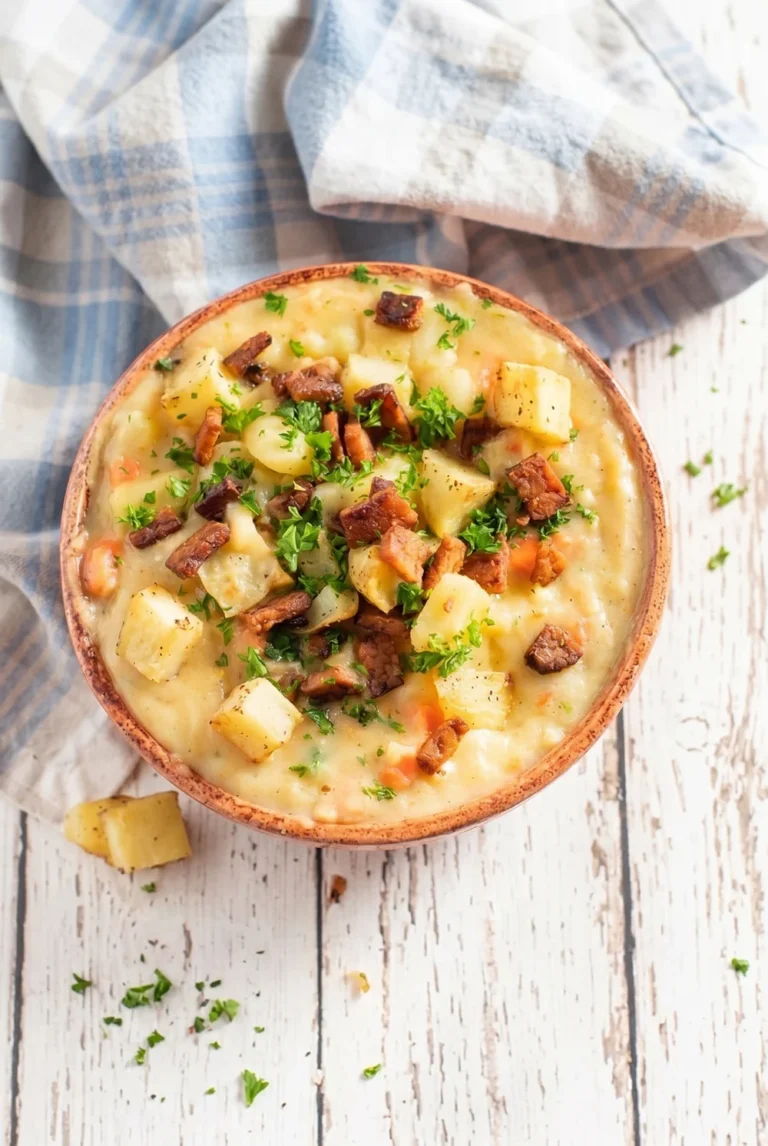 Vegan Creamy Potato Soup with Crispy Vegan Bacon