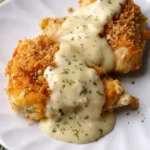Crispy Cheddar Chicken on a white plate with pale cheddar sauce, golden crust and parsley flecks