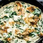 Creamy spinach garlic chicken with golden cutlets and wilted spinach in a dark skillet