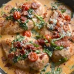 Marry Me Chicken in a dark skillet with creamy sauce, spinach, cherry tomatoes, bacon, and Parmesan