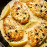 Four golden chicken piccata cutlets in a dark skillet with creamy lemon sauce, capers, parsley, and lemon wedges