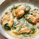 Four golden Chicken Florentine cutlets in a skillet with creamy sauce and wilted spinach leaves