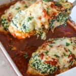 Baked spinach ricotta chicken lifted above a saucy dish, showing marinara patches and melted mozzarella