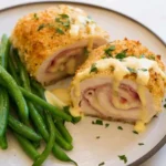 Sliced chicken cordon bleu rolls with Dijon sauce, parsley, and green beans on a plate