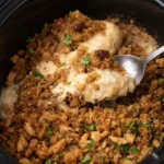 Crockpot chicken and stuffing with a sauced chicken breast lifted from beneath the golden topping
