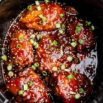 Whole Crockpot honey garlic chicken thighs in glossy sauce with green onions and sesame seeds