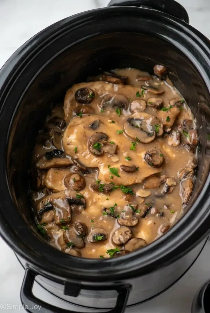 Whole Crock Pot Chicken Marsala breasts with sliced mushrooms and parsley in a black slow cooker