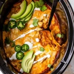 Layered slow cooker chicken enchiladas with avocado, jalapeño, cilantro and sour cream