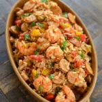 Slow Cooker Chicken Jambalaya with shrimp, sausage rounds, and tomato-tinted rice in an oval dish