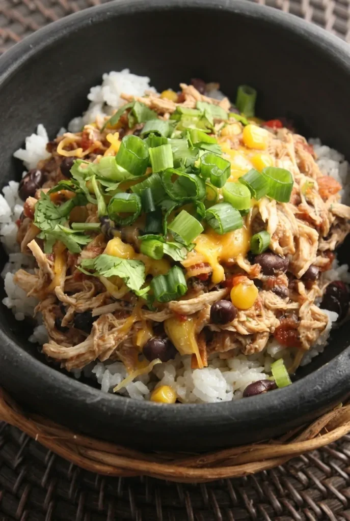 Crockpot Santa Fe chicken over white rice with black beans, corn, melted cheddar, scallions, and cilantro