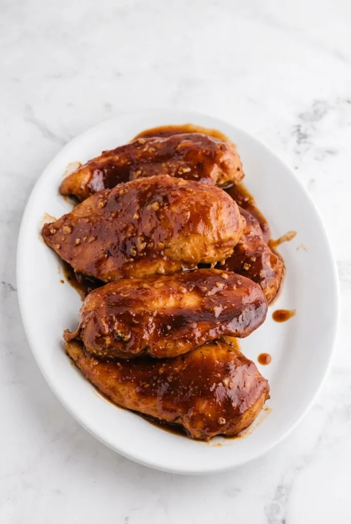 Whole Slow Cooker Coca Cola Chicken breasts coated in glossy barbecue sauce on a white plate