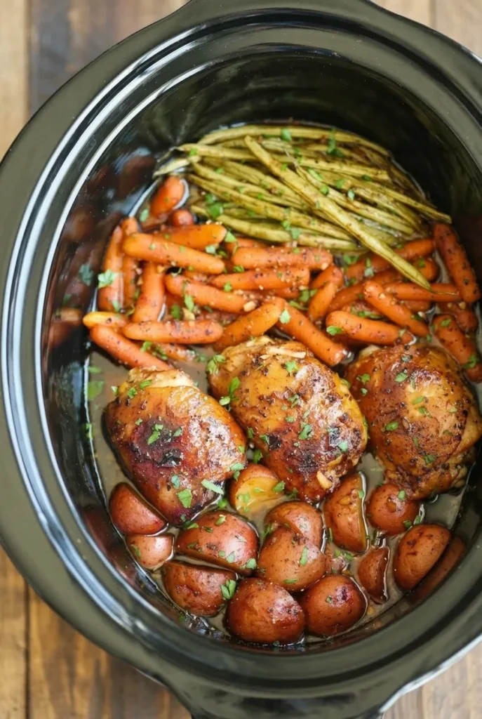 Browned honey garlic chicken thighs with potatoes, carrots, and green beans in a black slow cooker