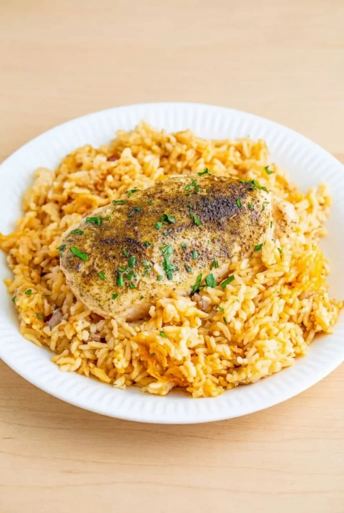 No peek chicken casserole with a whole seasoned breast over creamy golden rice and parsley