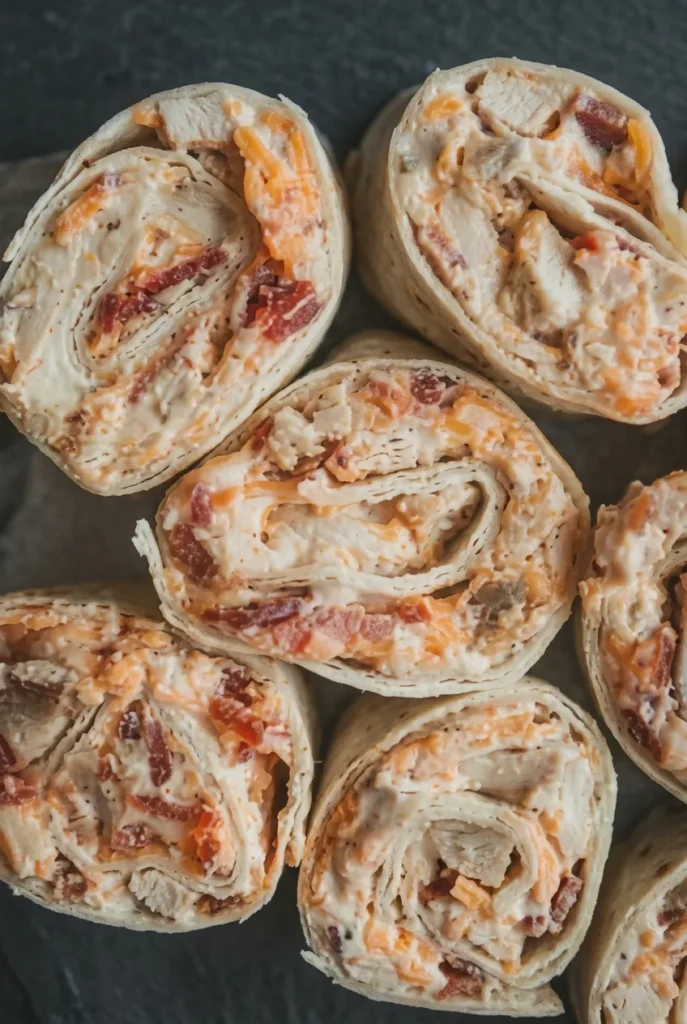 Chicken bacon ranch tortilla pinwheels arranged cut-side up on a dark serving surface