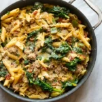 Dark skillet of ground turkey penne with green pepper, spinach, diced tomato, and Parmesan