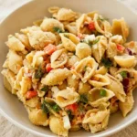 Kid-friendly tuna pasta salad with creamy shells, peas, egg and dill in a shallow bowl