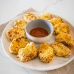 Golden panko-coated hidden veggie chicken nuggets arranged around a small bowl of reddish-brown dip.
