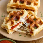 Stacked square pizza waffles with parsley, one opened to show pepperoni and stretchy mozzarella