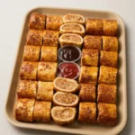 Mini sausage rolls in a rectangular tray with visible pork filling and cups of ketchup and barbecue sauce