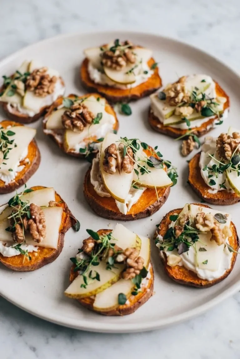 Sweet Potato Crostini with Goat Cheese, Pear and Walnuts