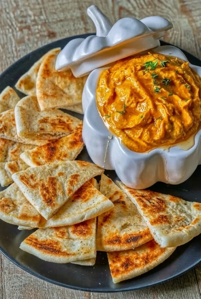 Pumpkin whipped feta dip swirled in a white pumpkin bowl with honey, thyme, and toasted pita on a dark plate