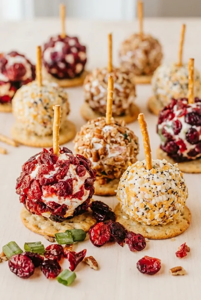 Mini cheese ball bites in cranberry, pecan, and everything bagel coatings, each on a cracker with a pretzel handle